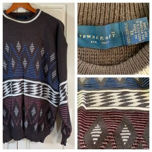Vintage Towncraft Aztec Pattern Knit Sweater Mens XL USA RetroGray Blue Burgundy